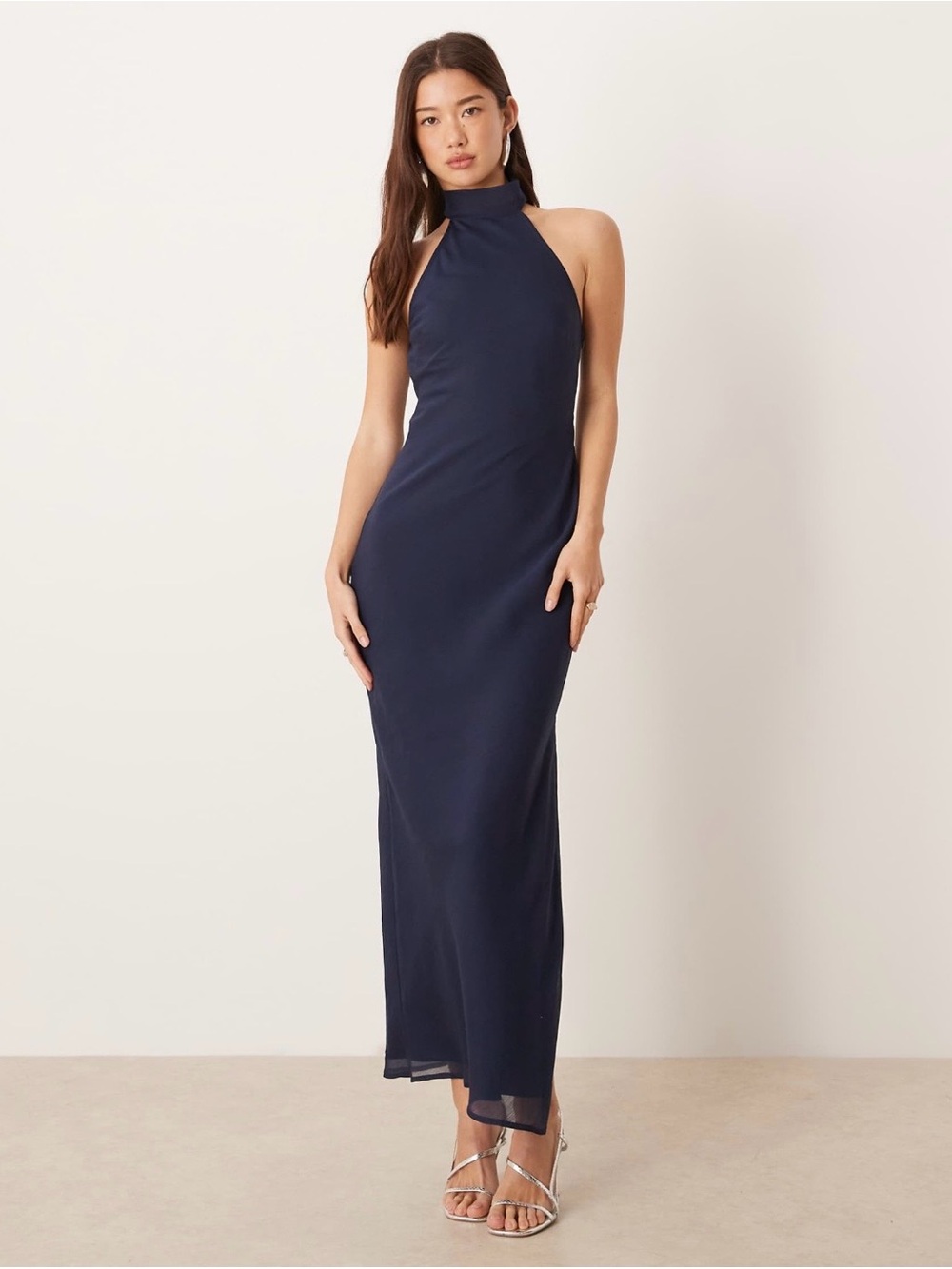 ASOS DESIGN High-neck Chiffon Maxi Dress in Navy Size 6